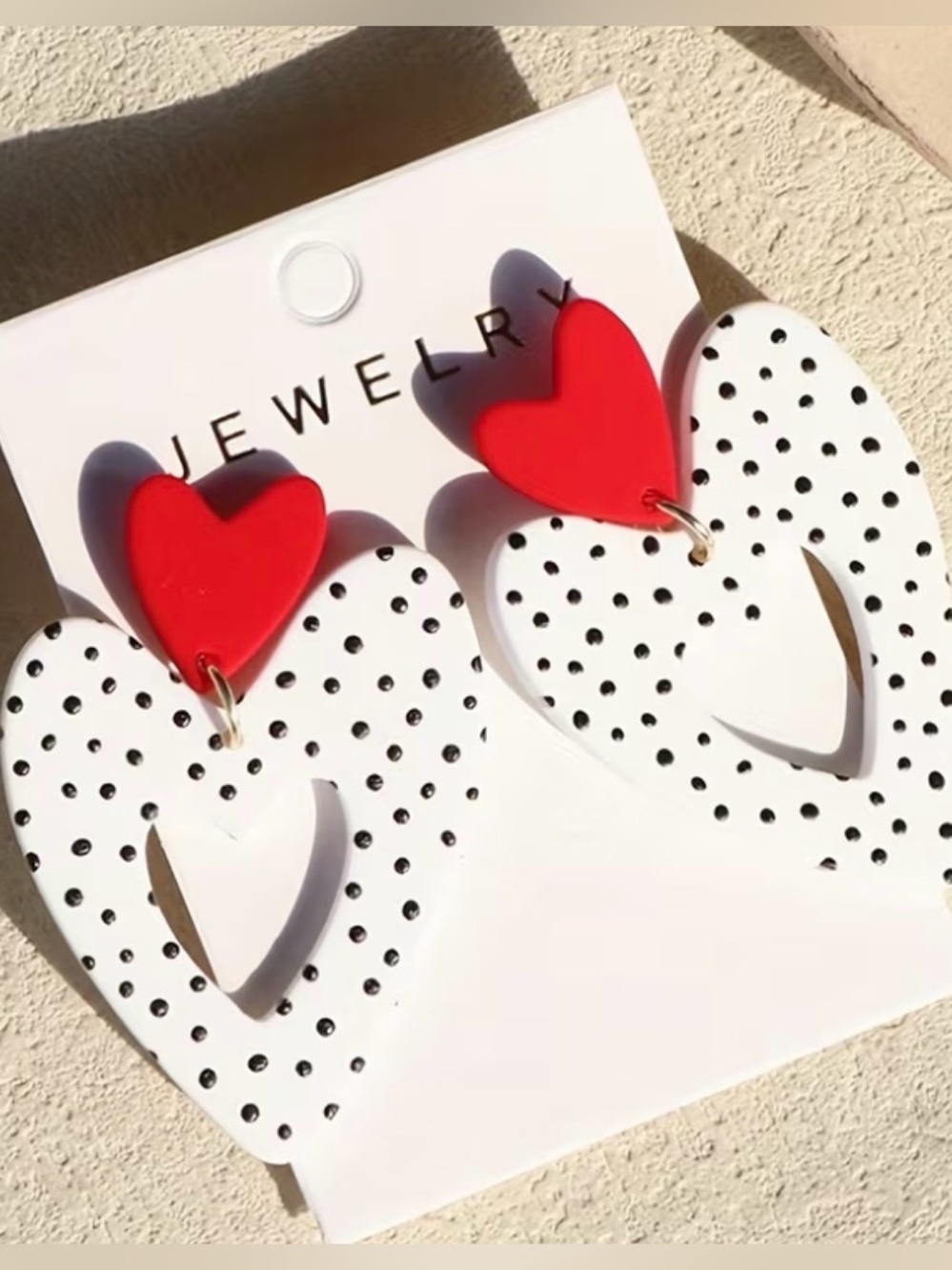Red and White Polka Dot Heart Dangle Earrings